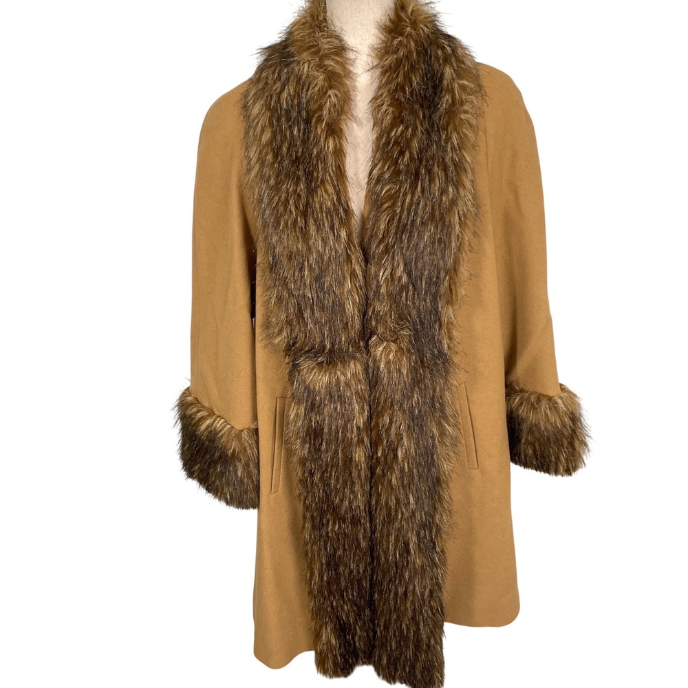 Harve Benard Coat Women 12 Camel Tan Faux Fur Penny Lane Glam Mob Wife Midi VTG‎
